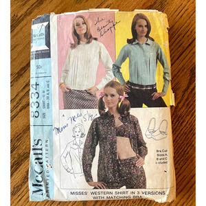 Vintage 1960s McCalls 8334 Sewing Pattern Size XS Western Shirt & Bra COMPLETE